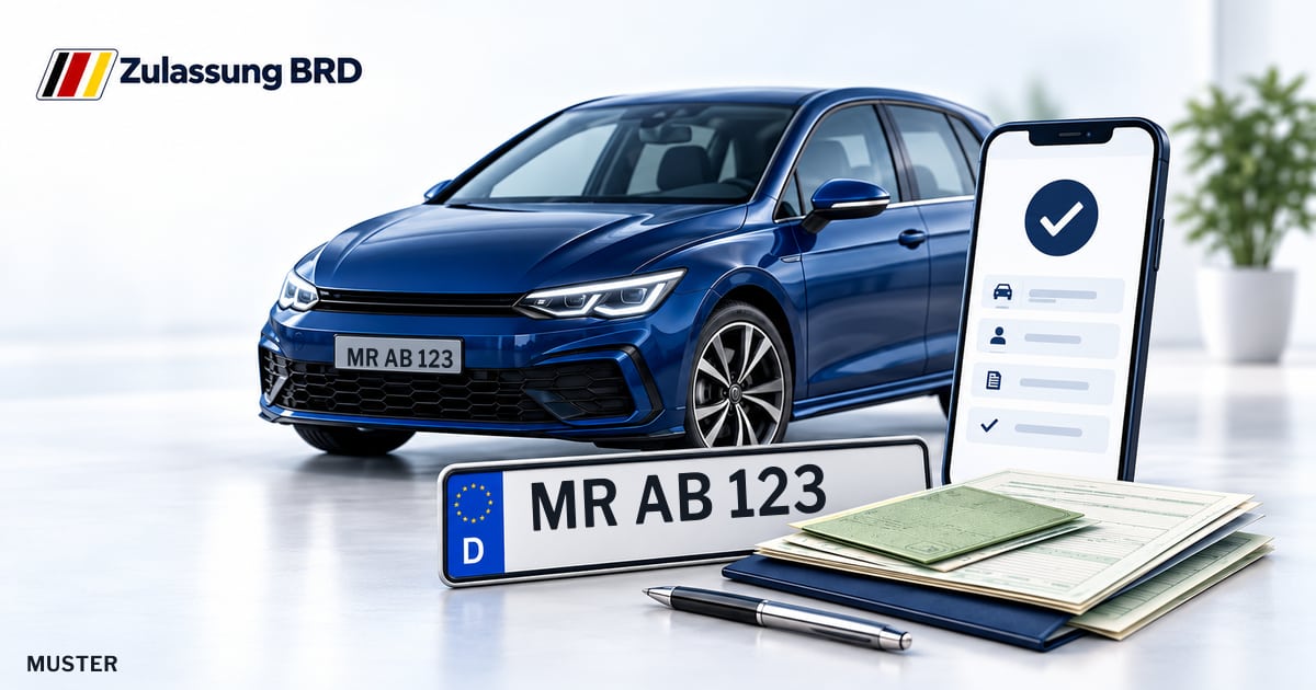 Online Fahrzeugzulassung in Dautphetal: Musterkennzeichen MR AB 123, Auto und Fahrzeugpapiere und Smartphone. Illustration mit Logo von Zulassung BRD.